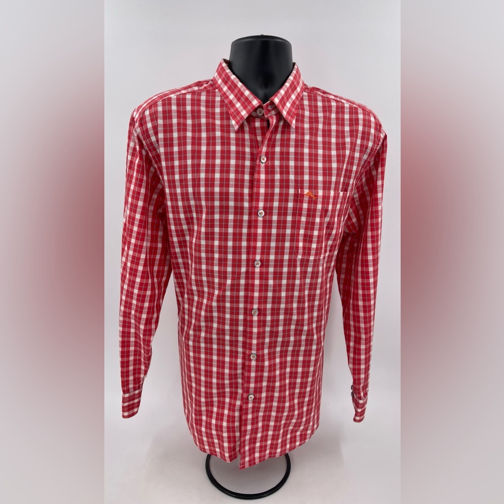 Tommy Bahama Button Down‎ Shirt Long Sleeve Cotton Coral Blue Plaid Mens Large L